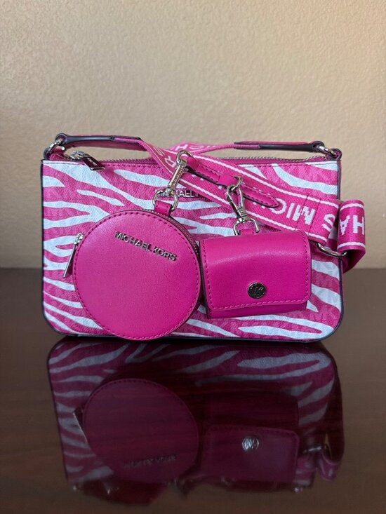 Michael Kors Handbags - Michael Kors Pink Zebra Print Crossbody Purse 3-Pc Coin Earbud Set - Like New